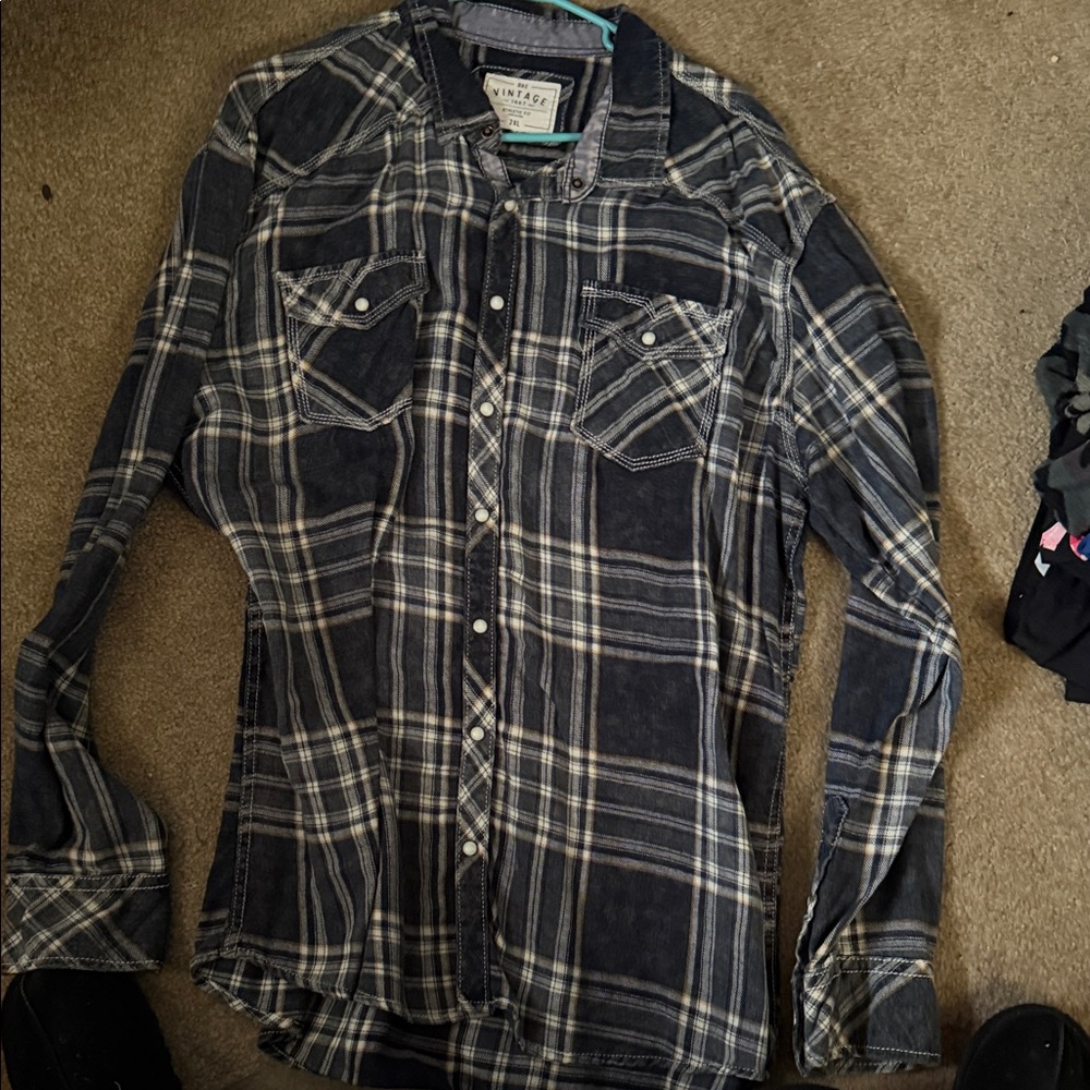 BKE Navy and Cream Plaid Casual Shirt